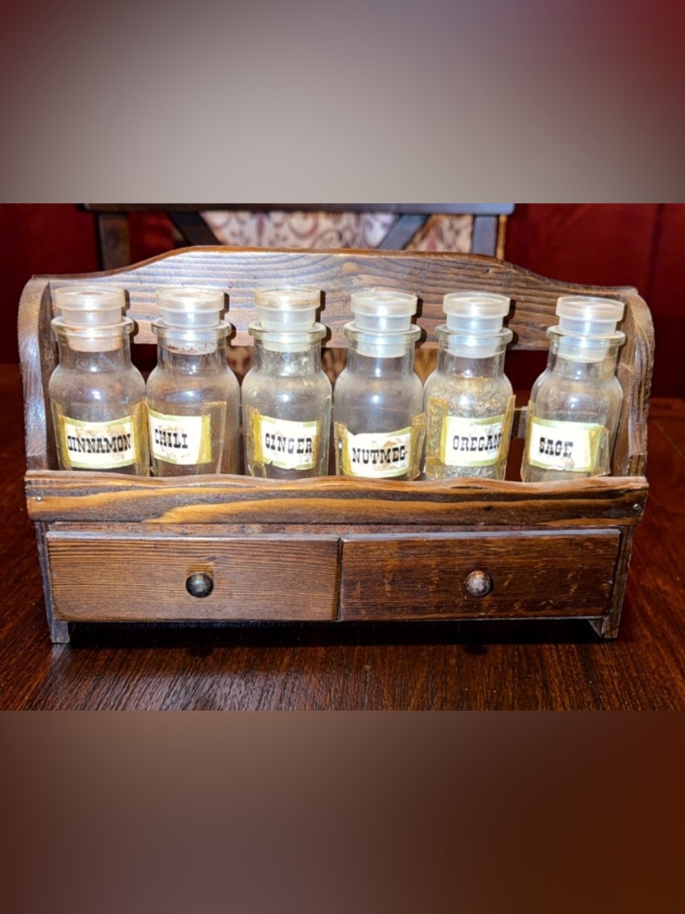 Vintage Spice Rack Wooden With Drawers Glass Bottles And Stickers Cottagecore
